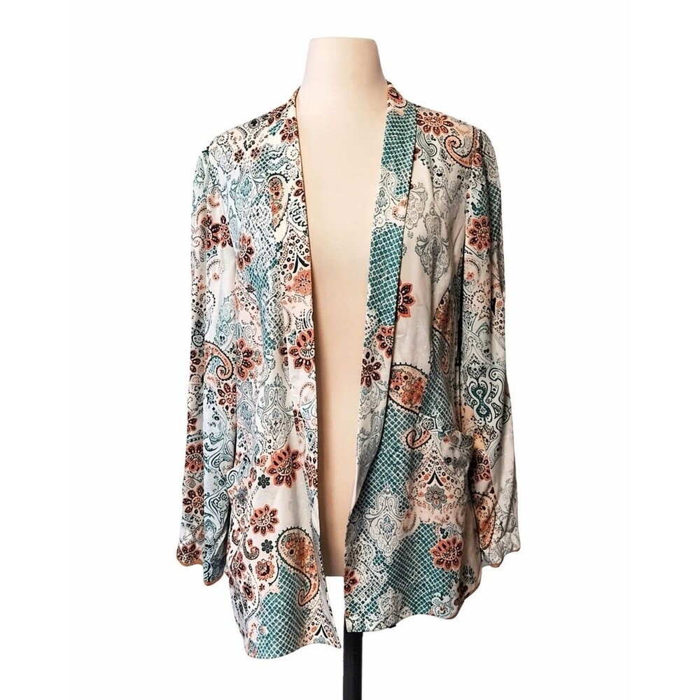 Chico’s Paisley Print Open Front Blazer Jacket Women’s Size 2P (12) Boho